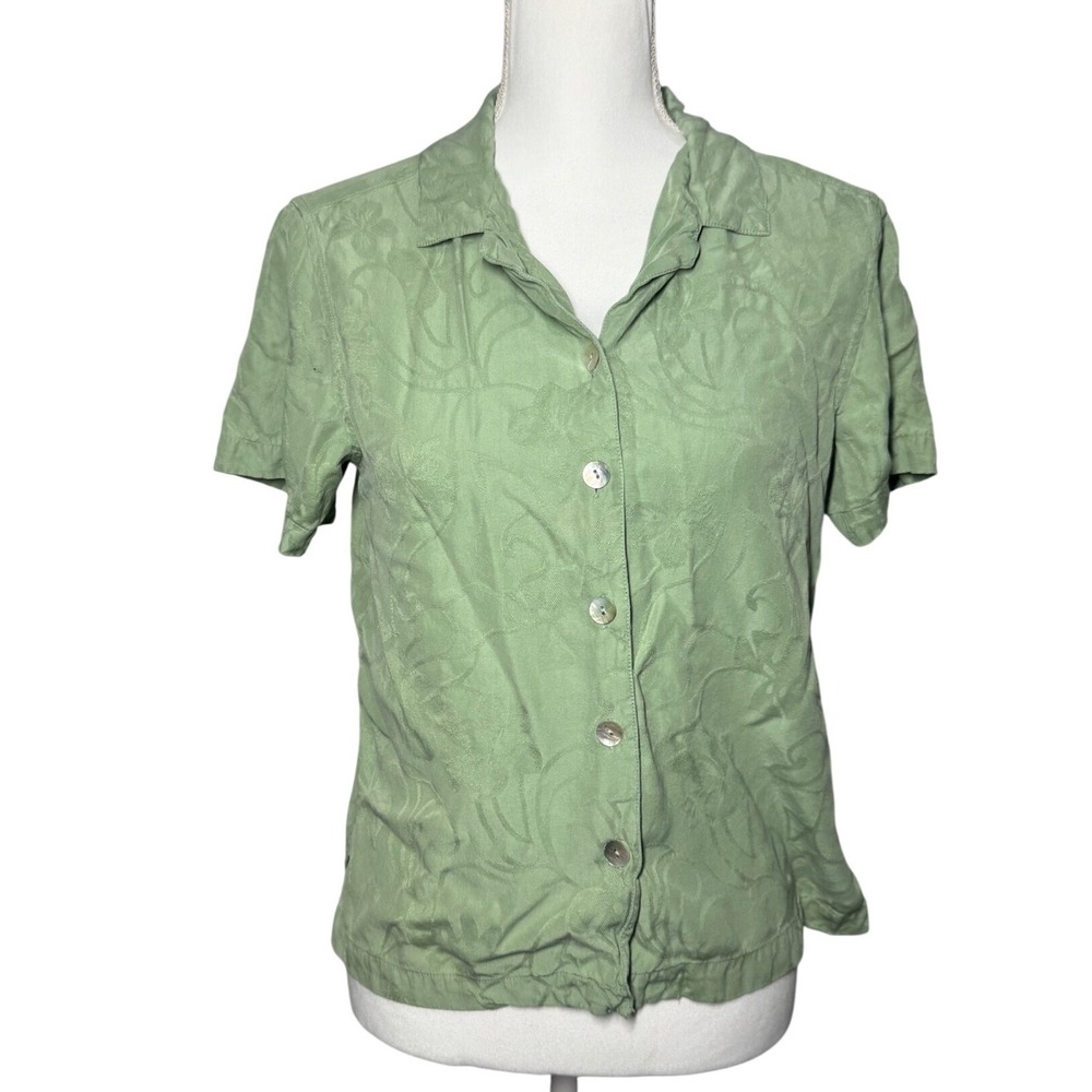Jamaica Bay Silk Blend Floral Jacquard Camp Shirt M Green Excellent Short Sleeve